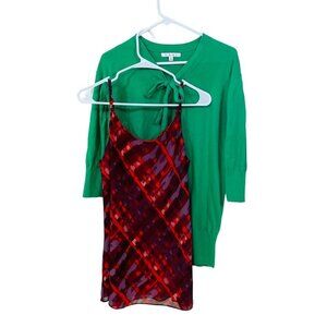 Bundle Lot of 2 Cabi Tops Size M‎ Green Cotton Sweater + Red/Purple Tank Top